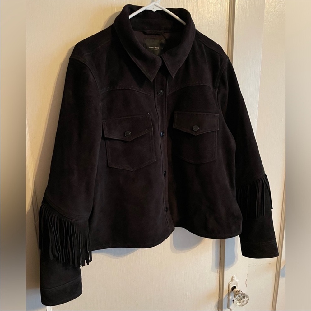 Lucky Brand: Black Suede Fringe Jacket - Picture 2 of 6